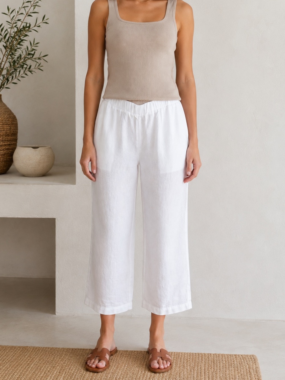 Quince White 100% Linen Ankle Pants Elastic Waist Wide Leg XL NWT